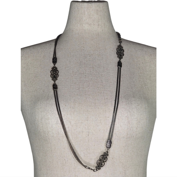 Brighton Vintage Scrollwork Necklace Heavy Chain Gunmetal Silver Contempo Style - Picture 1 of 8